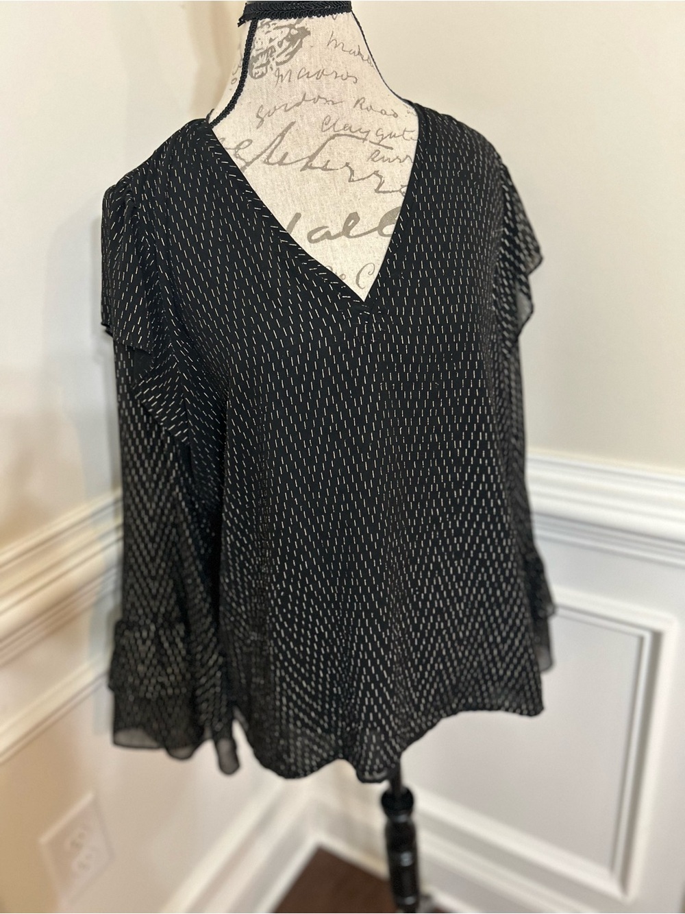 a new day Black V-Neck Ruffle Sleeve Blouse with White Pin Dots